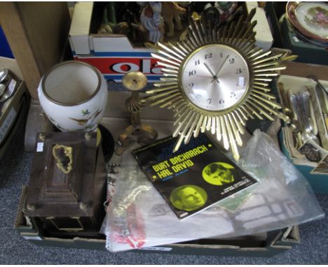 Box of miscellaneous items to include; Weimer mantel clock, sunbeam design wall clock, painted glass urn with bird and flower