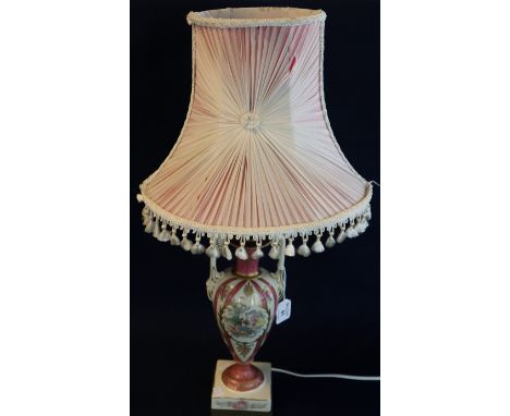 Vase shaped two handled ceramic table lamp base with shade, overall transfer printed decoration. (B.P. 24% incl. VAT)