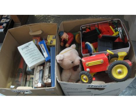 Two boxes of assorted toys to include; promotional diecast model vehicles, Corgi Classics trams in original boxes, wooden tra