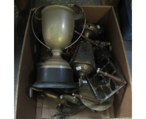 Box of assorted metalware to include; 'Royal Airforce Association Battle of Britain cup', pewter tankards, brass lantern, fig