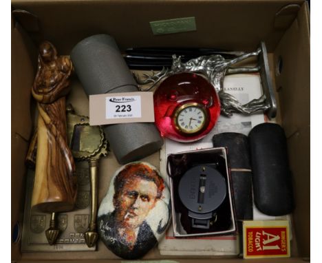Box of oddments, various, including corkscrews, nut cracker, table clock, marching compass etc.(B.P. 24% incl. VAT)
