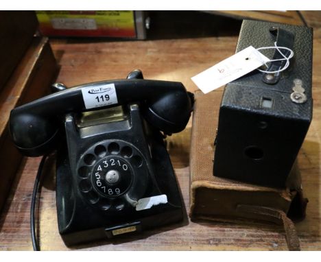 Vintage black bakelite telephone, together with a Kodak no. 2 Hawkeye model C box camera in canvas case. (2)(B.P. 24% incl. V