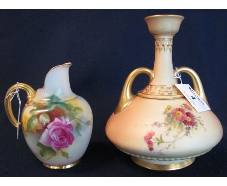 Royal Worcester porcelain flat sided single handled jug decorated with roses and foliage, unsigned, puce printed marks and sh