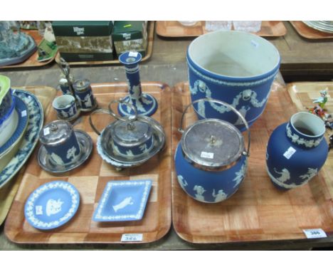 Two trays of blue and white Jasperware items to include; large planter, biscuit barrel, vase, cruet set, candlestick etc. (2)