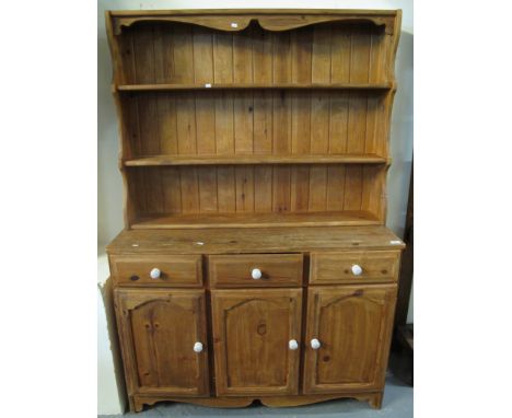 Modern pine two stage rack back dresser with ceramic, crackle glaze design knob handles. (B.P. 24% incl. VAT)