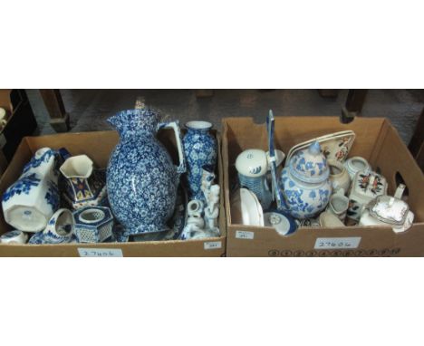 Two boxes of mainly blue and white china to include; meat plate, ewer, vase, dresser jugs including a Royal Winton Ivory ware