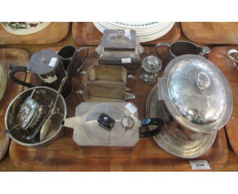 Tray of assorted silver plate to include; biscuit barrel, cream jug, tea caddy, knife rests etc. (B.P. 24% incl. VAT)