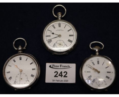Three silver open faced gentlemen's pocket watches with white enamel dials and Roman numerals. (3)(B.P. 24% incl. VAT)