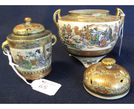 A small group of Japanese Satsuma earthenware items to include; small lidded cylindrical box, tripod censer, along with an un