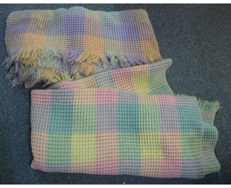 Two vintage woollen multi-colour check honeycomb blankets. (2)(B.P. 24% incl. VAT)