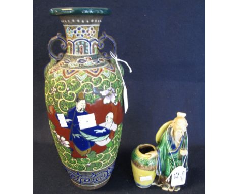 20th Century Japanese Moriage raised polychrome enamel decorated baluster shaped pottery vase, overall with traditional figur