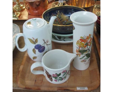 Tray of assorted china to include; Royal Worcester fine porcelain 'Evesham' coffee pot, Portmeirion 'Botanic Garden' jug and 