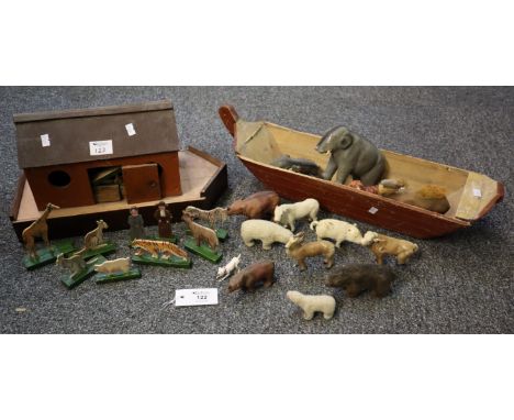 Vintage wooden Noah's ark containing a collection of fret cut hand painted animals and Noah figure. Together with another ark