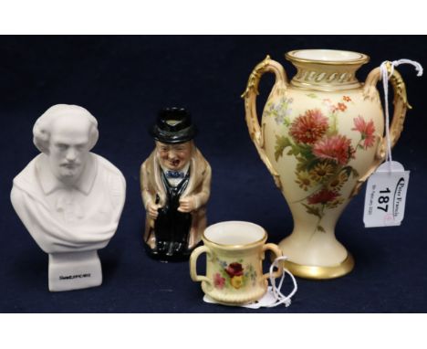 Royal Worcester fine porcelain blush ivory twin handled vase of baluster form, shape no. 1927 and a miniature Royal Worcester