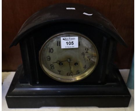 Early 20th Century black slate two train mantel clock having French brass drum movement striking on one gong. (B.P. 24% incl.