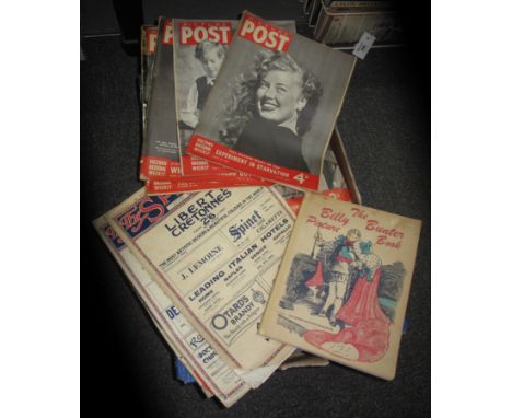 Box of ephemera and books to include; 20's editions of 'The Sphere', 30's and 40's editions of the 'Picture Post' magazine, O