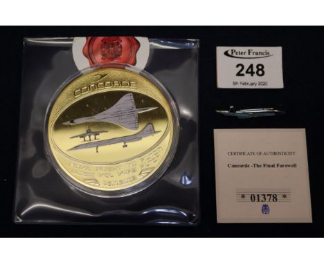 Concorde Airliner final flight to Filton, commemorative enamel and gilded medallion in original plastic case, certificate of 