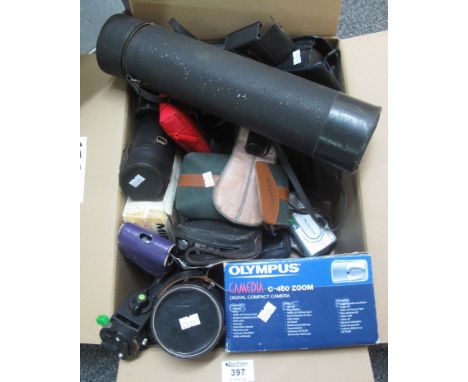 A box of vintage cameras and camera accessories to include; Olympus, Canon, Pentax, Fujifilm and Lumix digital cameras, Fenit
