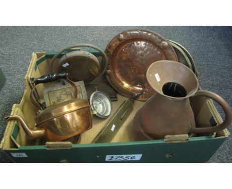 Box of assorted metalware to include; copper ewer, copper kettle, copper plates, brass ship design plates, copper table gong,