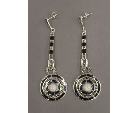 A pair of silver Art Deco style opal and black enamel earrings. 6 cm high.
