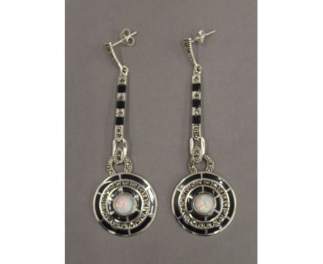 A pair of silver Art Deco style opal and black enamel earrings. 6 cm high.