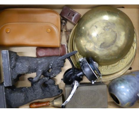 A quantity of miscellaneous items, including a vintage Intrepid Surfcast Reel, camera equipment, bookends, etc.