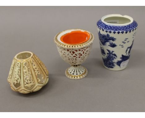 An 18th century Worcester tea caddy and two small pieces of Royal Worcester. The former 11 cm high.