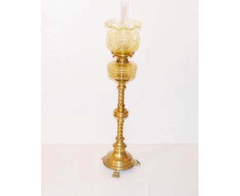 A Tall Brass Pillar Oil Lamp, Coloured Bowl and Shade