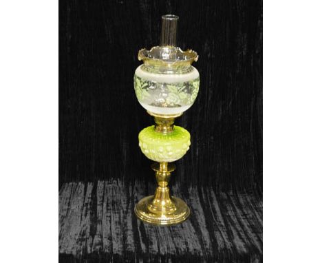 A Nice Brass Based Embossed Bowl Oil Lamp and Shade