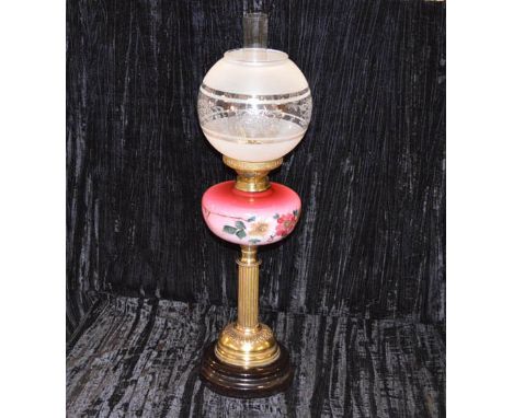A Brass Pillar Oil Lamp, Painted Bowl 