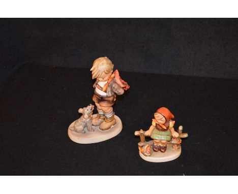 Two Hummel Figurines 'Boy with Dog' and 'Girl on Fence'