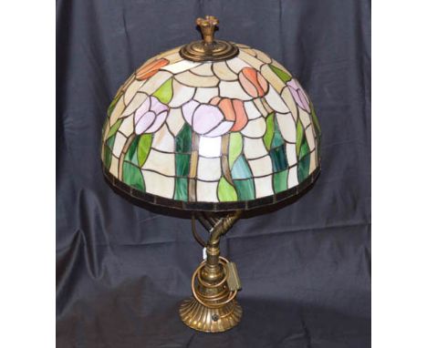 A Brass Based Table Lamp and Large Tiffany Shade