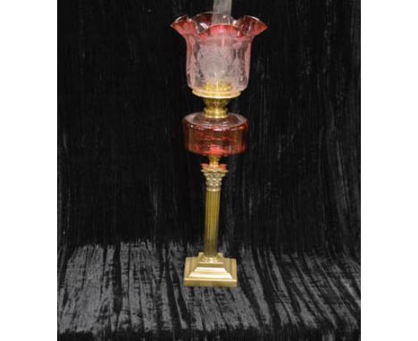 A Good Brass Corinthian Pillar Oil Lamp, Ruby Bowl and Shade