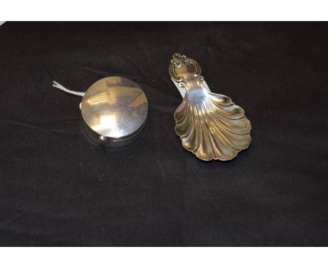 A Silver Caddy Spoon, Sheffield 1868 and a Silver Pill Box 