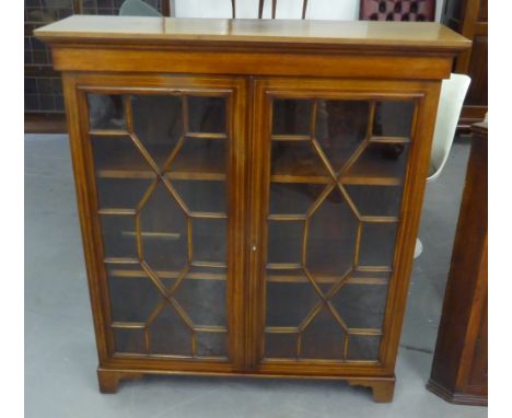 GEORGIAN STYLE LINE INLAID MAHOGANY DWARF BOOKCASE ENCLOSED BY TWO ASTRAGAL GLAZED DOORS, ON BRACKET FEET, 3'3" WIDE, 3'7" HI