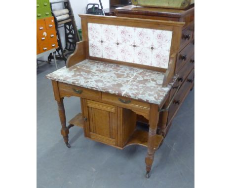 VICTORIAN WALNUTWOOD WASHSTAND, WITH RAISED TILE BACK, MARBLE TOP, TWO FRIEZE DRAWERS AND CUPBOARD BELOW WITH SIDE SHELVES, O