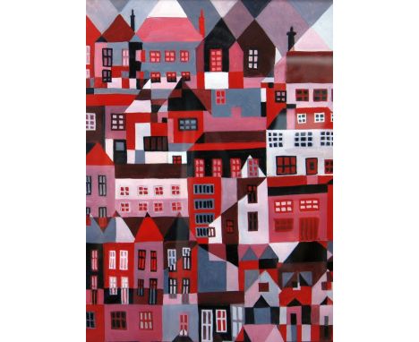 DENNIS PALMER (Twenty First Century, Leeds)  GOUACHE Stylized townscape, 'Red, Black and White' Signed and dated (29) 03, tit