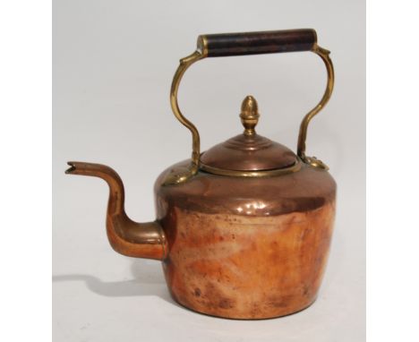 ANTIQUE SEAMED COPPER KETTLE with acorn finial, TOGETHER WITH A REPRODUCTION BLACK CAST METAL 'PUNCH AND JUDY' DOOR STOP, 10 