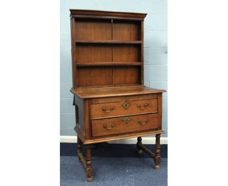 EIGHTEENTH CENTURY CONTINENTAL OAK SMALL DRESSER/SIDE CABINET, with later plate rack, the plate rack with moulded cornice, tw