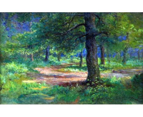 H.J.W. (Nineteenth Century) OIL PAINTING ON PANEL Woodland scene  Initialled  6" x 9 1/2" (15.2cm x 24.1cm)