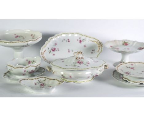 FORTY SIX PIECE LIMOGES PORCELAIN PART DINNER SERVICE, printed with small pink flowers and conforming slender borders, compri