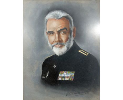 LESTER ALVAREZ PASTEL DRAWING ON COLOURED PAPER 1/4 length portrait of Sean Connery in Naval uniform Signed and dated '99 25"