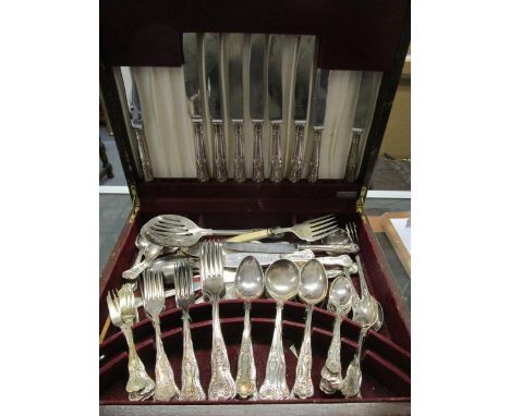 K Bright Ltd, a silver plated cutlery set in a crossbanded walnut case with other silver plated cutlery 