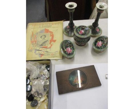 A mid 20th century ceramic dressing table set with an Oriental design, a Garrenter &amp; Westeley glass pictorial lens in oak