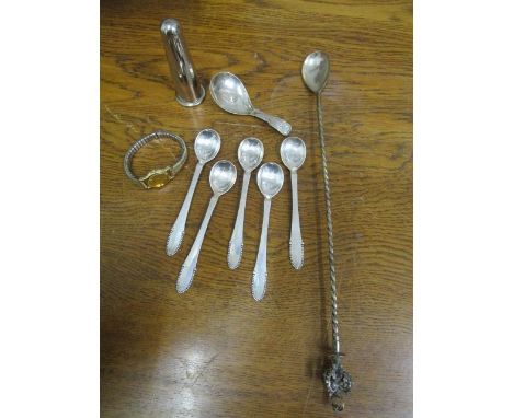 A Georgian silver tea caddy spoon, Birmingham hallmarks, makers marks for J W, a Turkish 800 silver mixing spoon with star an