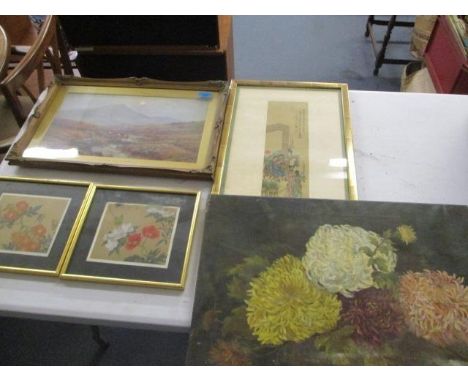 Pictures to include a moorland scene print entitled Moonrise on the Moor, framed and glazed, together with three pictures and
