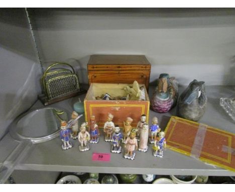 A mixed lot to include a 19th century inlaid satin walnut tea caddy, a brass letter rack and a collection of Indian painted p