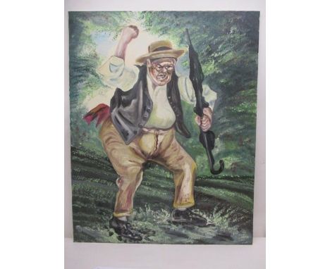 H Atia - a full length portrait of an angry man holding an umbrella and shaking his fist, oil on canvas, signed and dated 10.