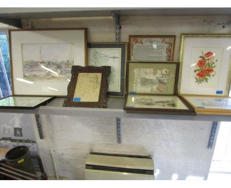 A selection of Anton Pieck prints, a watercolour of poppies, a framed pencil portrait of a young woman signed Hepple '43, fra