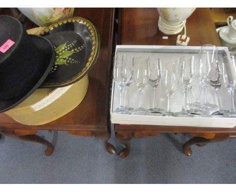 A Christy's of London top hat, a crumb tray, boxed Knightsbridge Crystal flutes and others, together with three pens to inclu